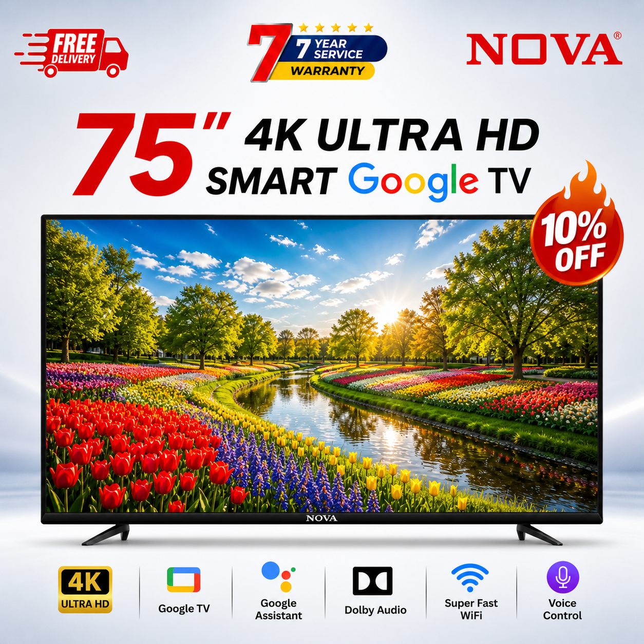 NOVA 75” 4K QLED Smart Google TV NV-7550 | Dolby Vision HDR10+ | Android 14 | 2GB RAM 16GB ROM | Voice Control | Netflix YouTube Prime