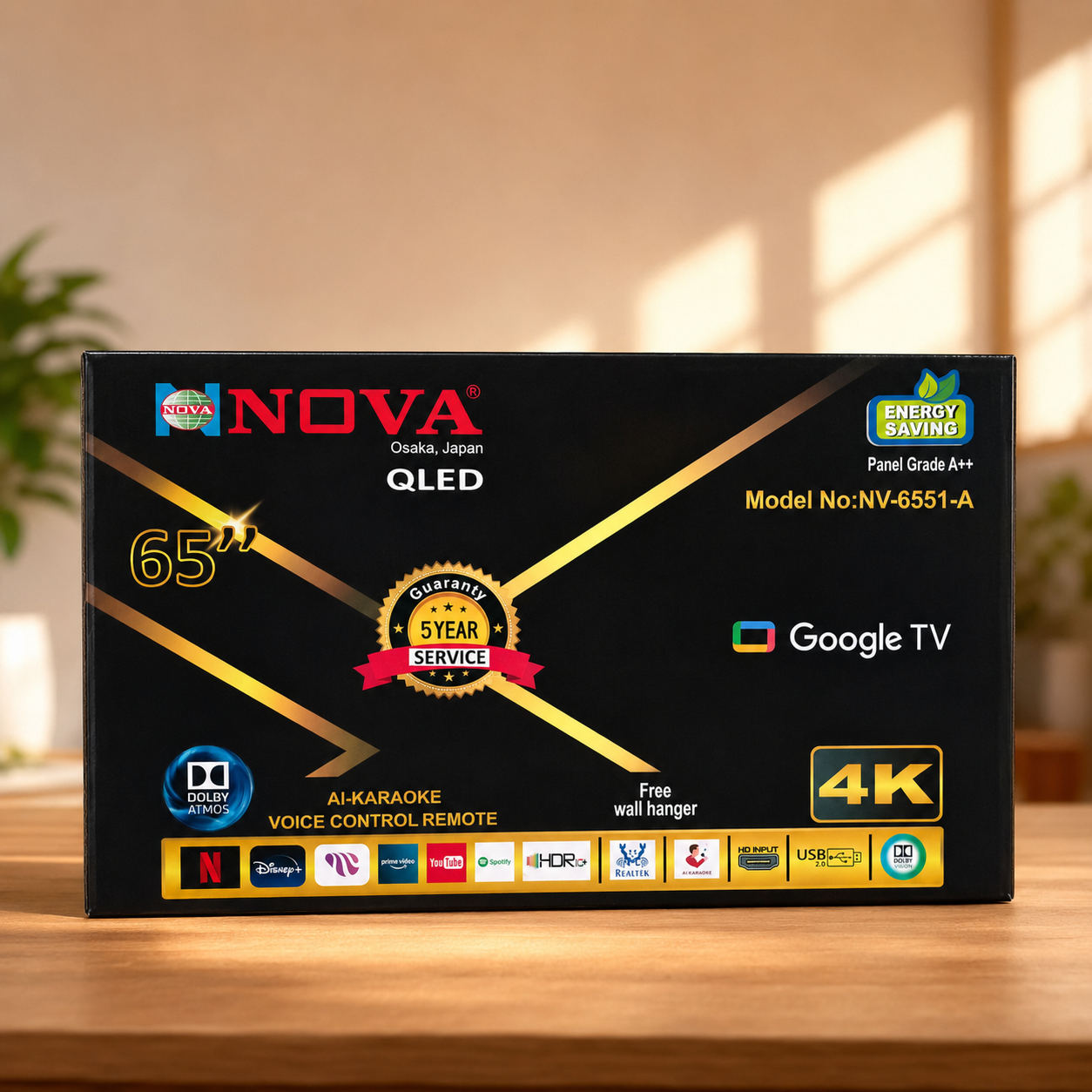NOVA 65” Double 4K QLED Frameless Google TV NV-6551-A | Android 15 | Dolby Atmos | Voice Control Remote | 3 Years Panel Warranty