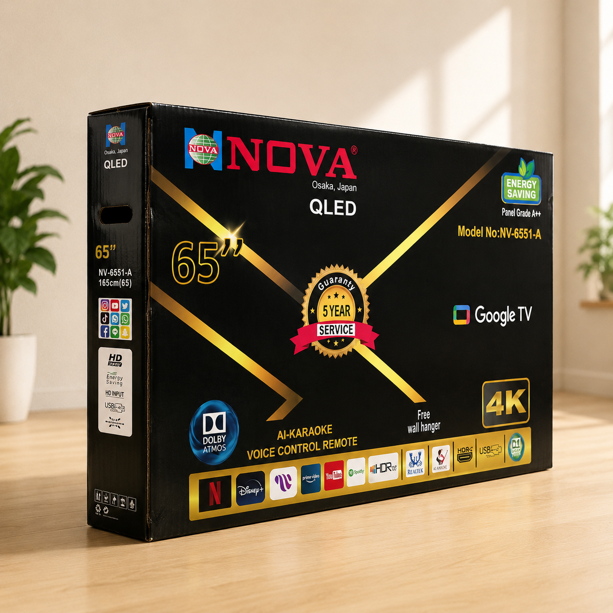 NOVA 65” Double 4K QLED Frameless Google TV NV-6551-A | Android 15 | Dolby Atmos | Voice Control Remote | 3 Years Panel Warranty